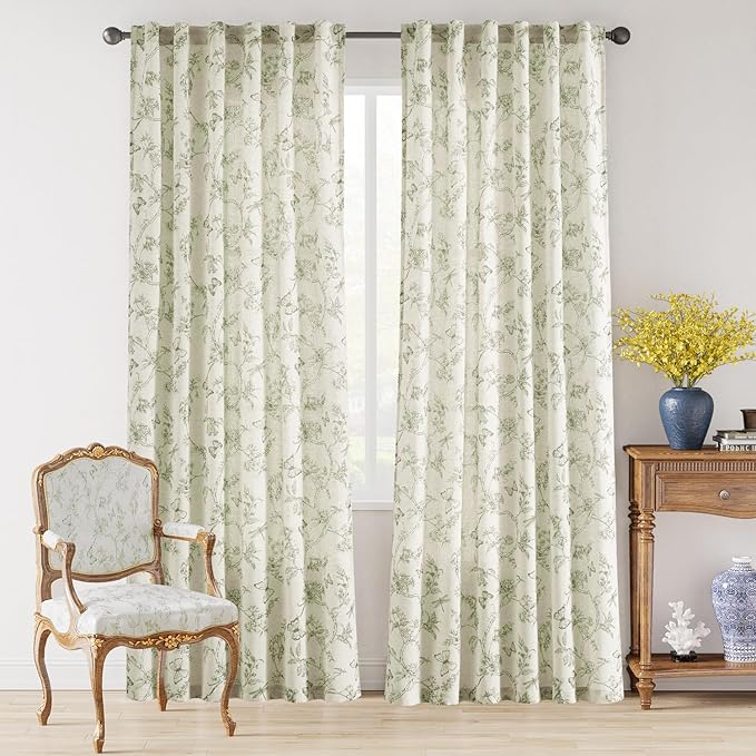 Green Floral Linen Curtains Farmhouse Rod Pocket 50W X 84L 2 Panels | Charlotte - Image 2