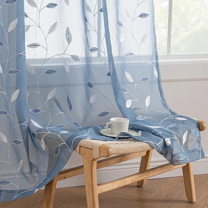 MIULEE Dusty Blue Sheer Curtains 2 Panels Leaf Patterned, W52 x L96 | by MIULEE