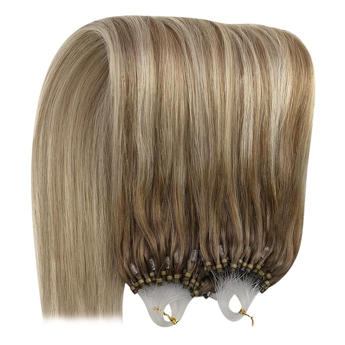 YoungSee Microbead Hair Extensions Ombre Micro Loop Hair Extensions Real Human Hair Balayage Light Brown with Blonde Micro Hair Extension Human Hair Silky Straight for Young Adults 22 Inch 50s 50g