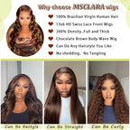200% Density 13x6 Body Wave HD Lace Front twigs Human Hair Chocolate Brown Lace Front Wig Pre Plucked for Women Brown Wigs Human hair 22inch