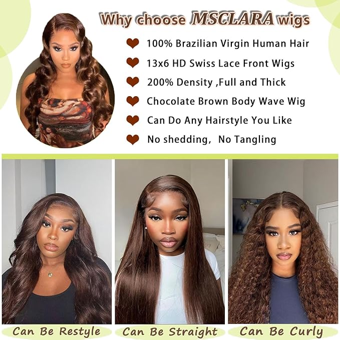 Pre Plucked 13x6 HD Lace Front Wigs Human Hair 200% Density Body Wave Chocolate Brown Lace Front Wig Brown Wigs Human hair 20inch for Women