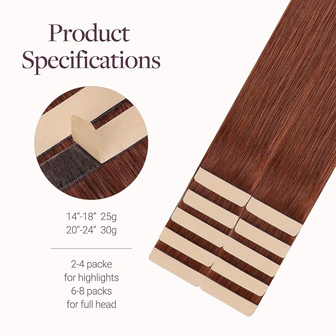 GOO GOO Tape in Hair Extensions Human Hair, #33B Dark Auburn Copper, 12inch 20g 10pcs, Skin Weft Seamless Invisible, Silky Straight with Thick Ends, Remy Human Hair