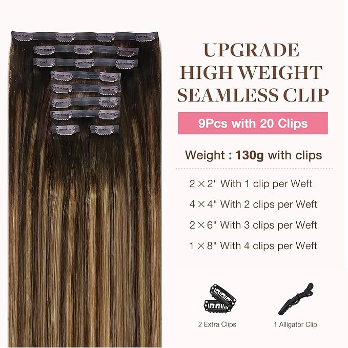 GOO GOO Clip in Hair Extensions Real Human Hair, Remy Human Hair Extensions Clip ins for Women, Natural Human Hair, 14inch 150g 9Pcs, #4/27/4 Balayage Chocolate Brown to Caramel Blonde