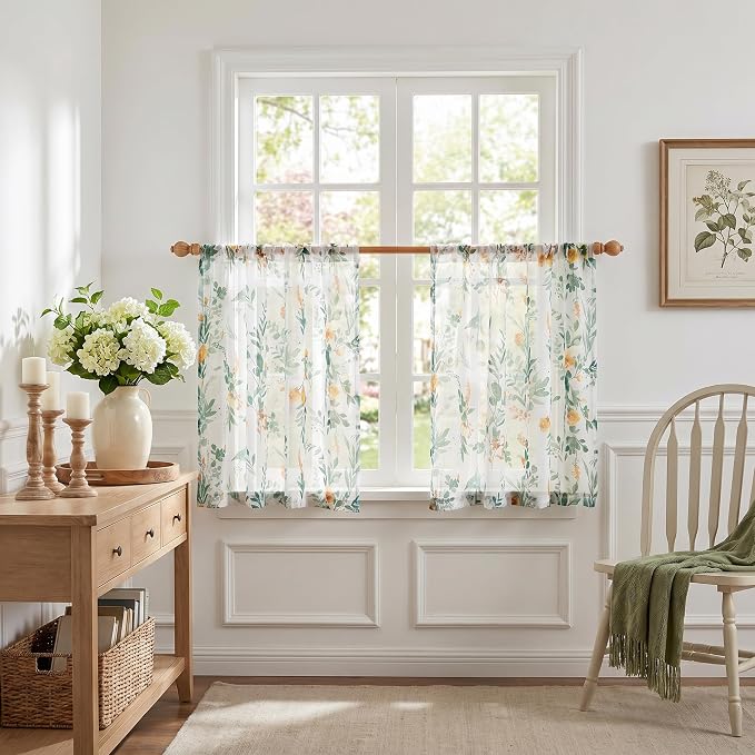 MYSKY HOME Green Floral Sheer Cafe Curtains 36 Inches Long - Image 9