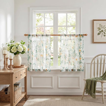 MYSKY HOME Green Floral Sheer Cafe Curtains 36 Inches Long - Image 9