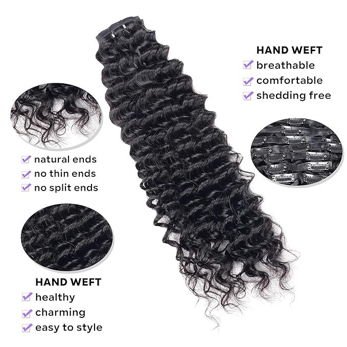 Seamless Clip in Hair Extensions Real Human Hair Deep Wave Brazilian Virgin Human Hair for Women 8Pcs PU Clip in Remy Hair Skin Weft with 18Clips 120g 26inch Natural Black