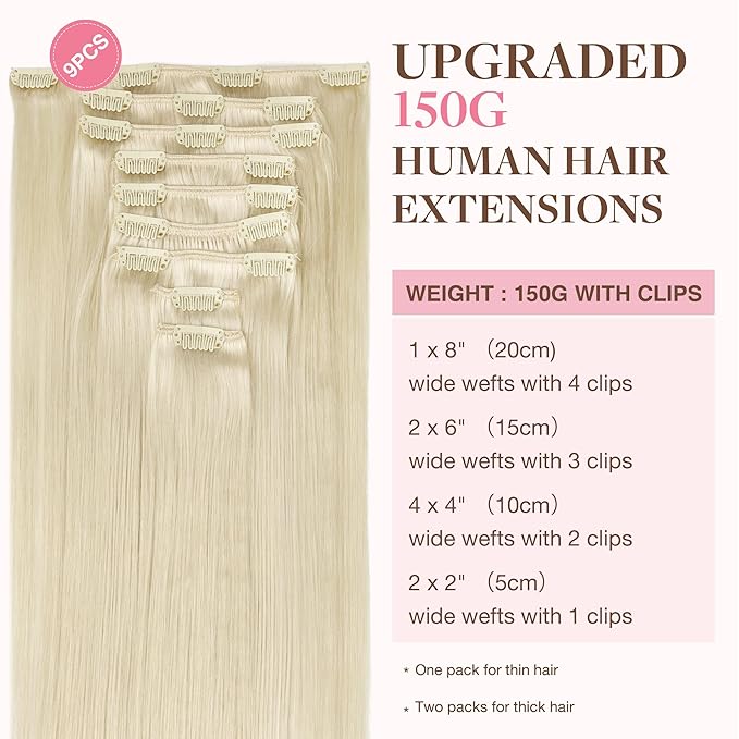 GOO GOO Clip in Hair Extensions Real Human Hair, Remy Human Hair Extensions Clip ins for Women, Natural Human Hair, 20inch 150g 9Pcs, 60A Platinum Blonde