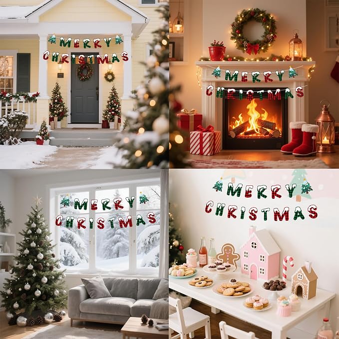 Merry Christmas Banner Indoor, Pre-Strung Mantle Christmas Decor, Buffalo Plaid - Image 5