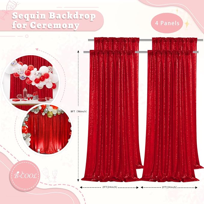 Red Sequin Backdrop Curtains 4 Pcs 2ftx8ft Glitter Shimmer Fabric | Sparkly - Image 4