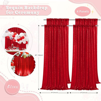 Red Sequin Backdrop Curtains 4 Pcs 2ftx8ft Glitter Shimmer Fabric | Sparkly - Image 4