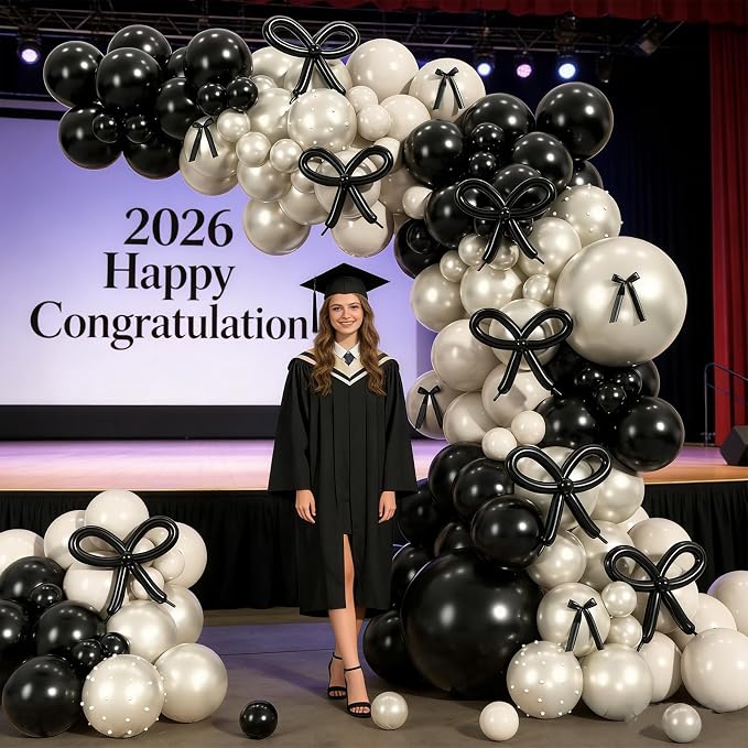 Black White Bow Balloon Arch Kit, Double-stuffed Pearl Beige Cream Balloons - Image 3