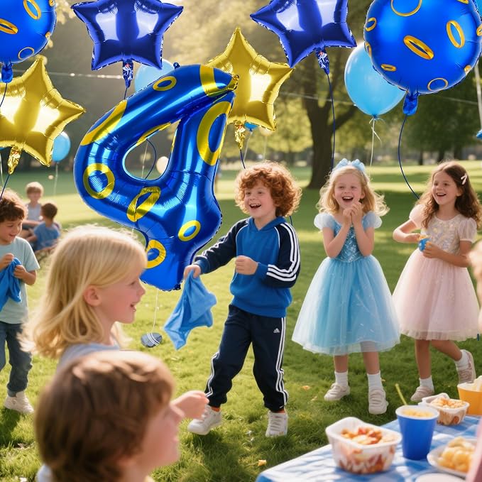 40 Inch Blue and Golden Ring Themed Number Balloon, Number Block Foil Number 4 - Image 7