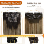 Full Shine Human Clip in Hair Extensions Ombre Seamless Clip ins Dark Brown Balayage Medium Brown Mix Honey Blonde Black Hair Extensions 16 Inch 120 G 8 PCS