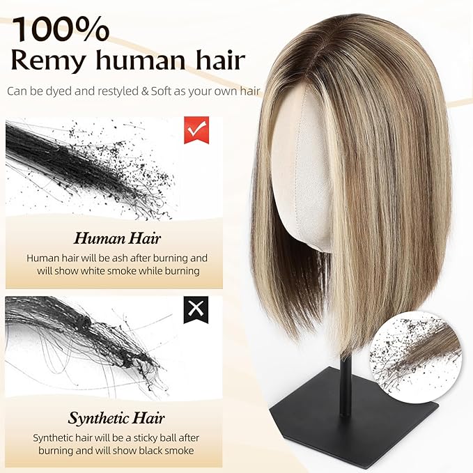MONO TOP Hair Toppers for Women Human Hair 12 Inch 7"×8" Big Base Partial wig Cover Thinning Hair or Loss No Bangs Top Hair Pieces Natural Wiglets (Ombre Brown Mix Platinum)