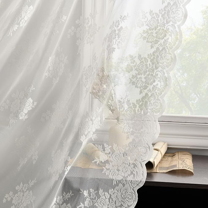 Kotile Ivory Lace Curtains for Kitchen Windows W52 x L36 Inch, 2 Panels | Rod - Image 4