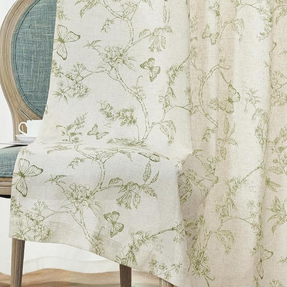 Green Floral Linen Curtains Farmhouse Rod Pocket 50W X 90L 2 Panels | Charlotte - Image 8