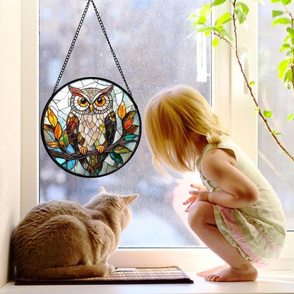DASTOLL Stained Glass Window Hanging, Owl Colorful Leaves Birds Sun Catchers - Image 3