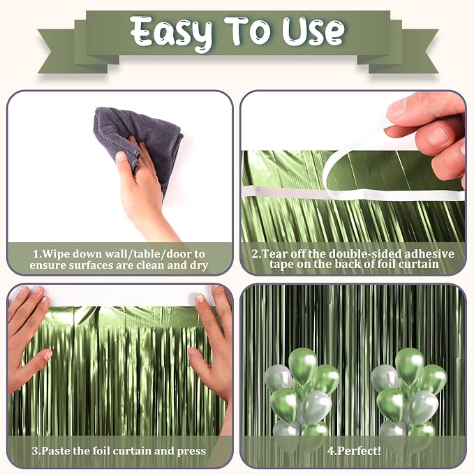 Voircoloria Dark Green Foil Fringe Backdrop Curtains, 3 Pack | Tinsel Streamers - Image 3