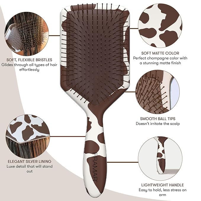 FRAMAR Paddle Hair Brush Detangler, Detangling Hairbrush For Women, Wet Hair Brush For Girls, Hair Detangler Brush, Wet Hairbrush, Hairbrushes, Girls Hairbrush Detangler, Reduces Frizz – Cow Print