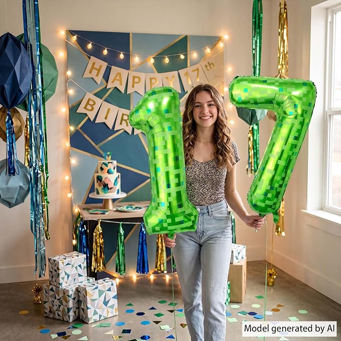 40 Inch Lime Green Pixel Number 17 Balloon, 17th Teen Gamer Party Supplies | - Image 2