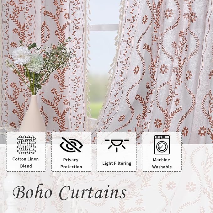 Schweek Boho Floral 63 Inches Long Semi Sheer Curtains 2 Panels - Image 4