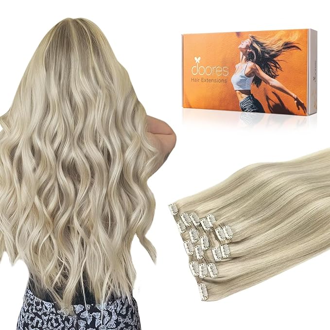DOORES Clip in Human Hair Extensions, Balayage Ash Blonde Highlighted Platinum Blonde 120g 7pcs 14 Inch, Natural Remy Hair Extensions Straight Thick