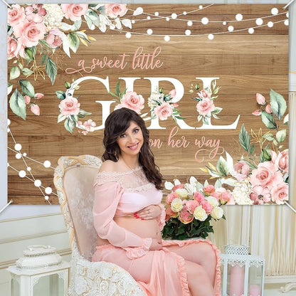 7x5 ft Rustic Wood Baby Shower Backdrop A Sweet Little Girl is on Her Way Baby - Image 5