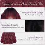 BARSDAR Red Ombre Short Wavy Wig with Bangs - Short Wavy Black to Red Ombre Wig for Women - Soft Synthetic Fluffy Curly Textured French Bob Wigs with Bangs Natural Looking Face-Framing