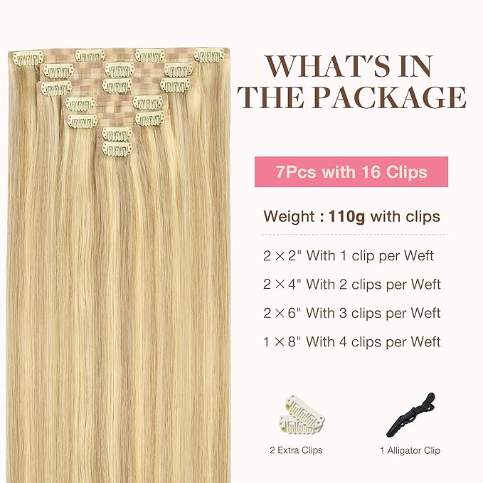 GOO GOO Clip in Hair Extensions Real Human Hair, Remy Human Hair Extensions Clip ins for Women, Natural Human Hair, 24inch 140g 7Pcs, #18D/22F Dirty Blonde Highlights