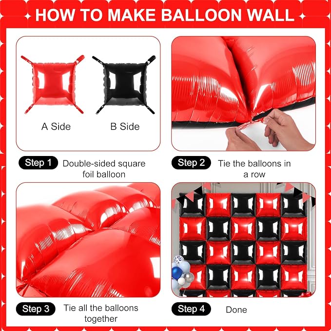 Black and Red Square Foil Balloons 25 Pcs Metallic Black and Red Balloons Wall - Image 3