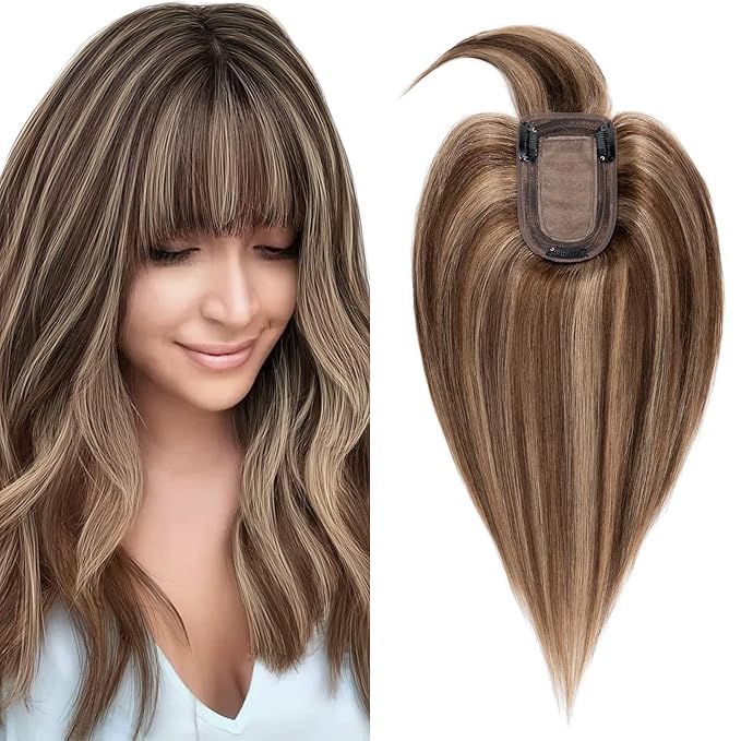 SEGO Hair Toppers for Women Real Human Hair with Thinning Hair, Toppers Hair Clip in Toppers Straight with Front Bangs 150% Density Silk Base -8 Inch #4/27 Medium Brown Mix Dark Blonde