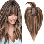 SEGO Hair Toppers for Women Real Human Hair with Thinning Hair, Toppers Hair Clip in Toppers Straight with Front Bangs 150% Density Silk Base -8 Inch #4/27 Medium Brown Mix Dark Blonde