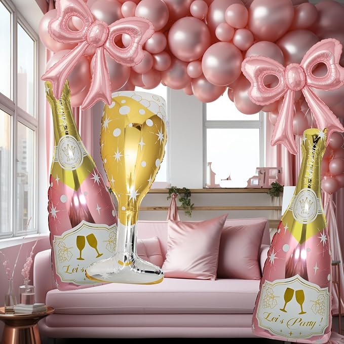 6 Pcs Pink Bow Balloons, Huge Rose Gold Champagne Bottle Goblet Aluminum Foil - Image 7