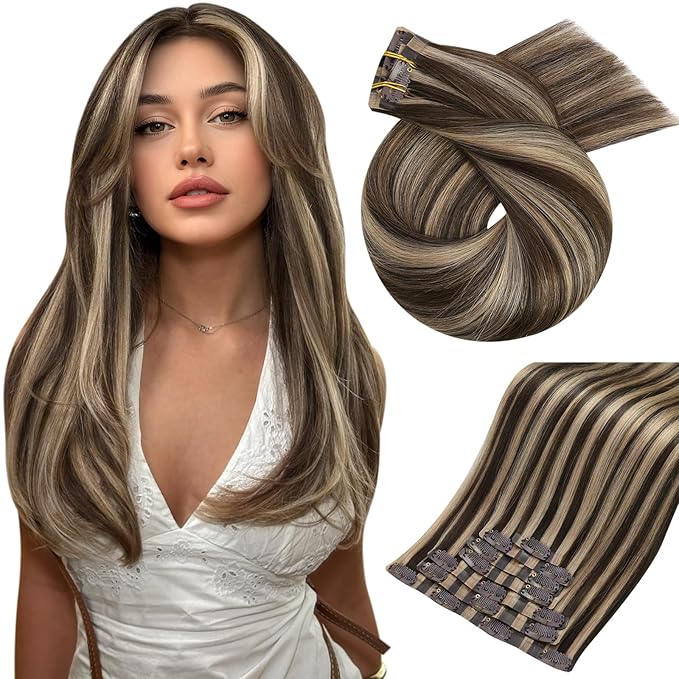 Moresoo Seamless Clip in Hair Extensions Human Hair Dark Brown Blond Highlights Real Human Hair Extensions Clip ins Dark Brown to Caramel Blonde Double Weft 120g/7pcs 16 inch