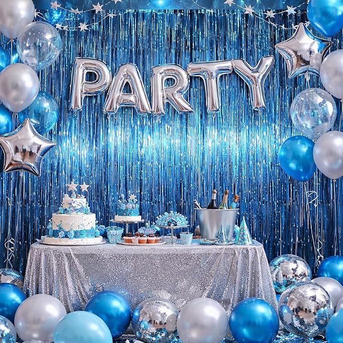 Voircoloria Retro Blue Foil Fringe Backdrop Curtains, Birthday Party Decorations - Image 6