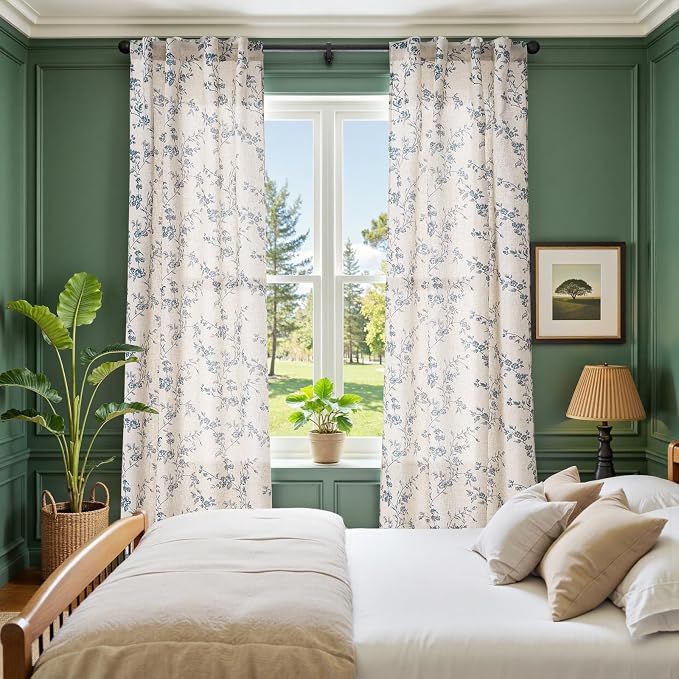 jinchan Blue Floral Linen Curtains 84 Inch Country Drapes Back Tab 2 Panels | - Image 4