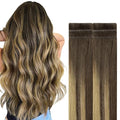 GOO GOO Invisi Edge Tape in Hair Extensions Human Hair, 4/27/4 Balayage Chocolate Brown to Caramel Blonde, 6pcs 24inch 18g, Virgin Remy Hair, Seamless Injected Tape, Natural Look