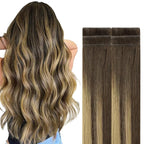 GOO GOO Invisi Edge Tape in Hair Extensions Human Hair, 4/27/4 Balayage Chocolate Brown to Caramel Blonde, 6pcs 10inch 15g, Virgin Remy Hair, Seamless Injected Tape, Natural Look