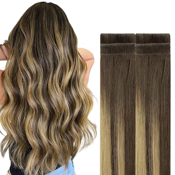 GOO GOO Invisi Edge Tape in Hair Extensions Human Hair, 4/27/4 Balayage Chocolate Brown to Caramel Blonde, 6pcs 18inch 15g, Virgin Remy Hair, Seamless Injected Tape, Natural Look