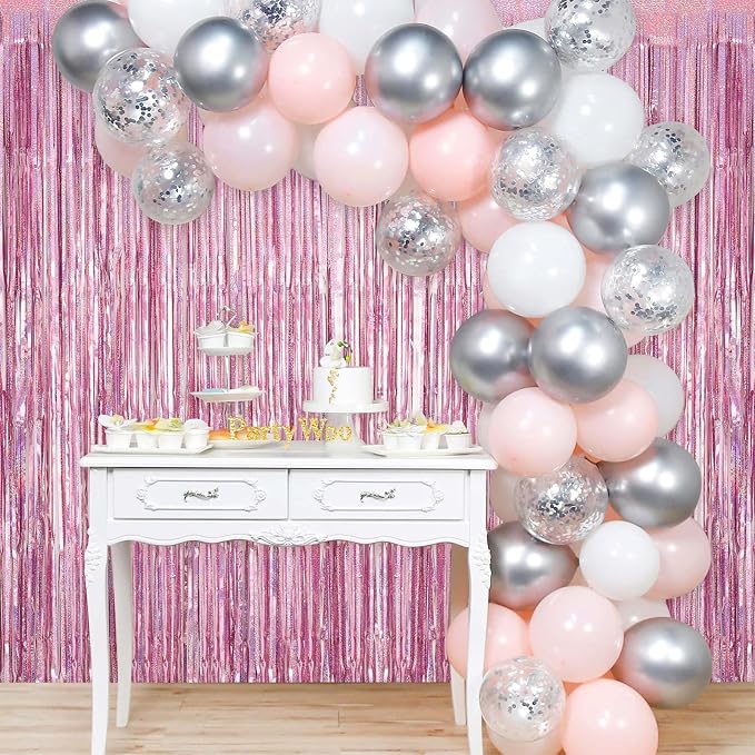 Pink Tinsel Foil Fringe Curtain Backdrop, 3.3 x 8.2 ft Metallic Glitter Curtain - Image 5
