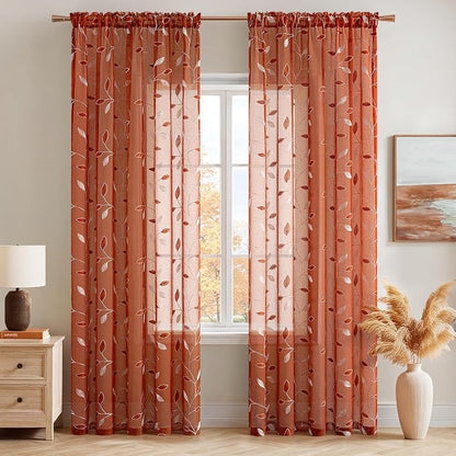 MIULEE Terracotta Sheer Fall Leaf Curtains Burnt Orange 2 Panels 52"x96" | - Image 2