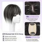 10 Inch Real Human Hair Topper with Bangs for Women Covers Thinning Crown, Clip-In Hair Topper for Thinning Hair (Natural Black)