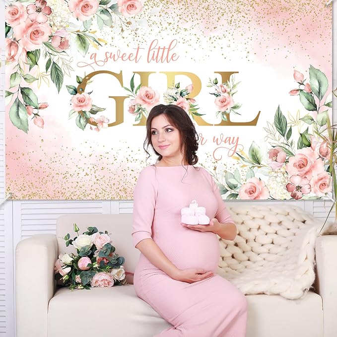 Avezano Girl Baby Shower Backdrop Pink Floral Sweet Baby Baby Shower Banner A - Image 8