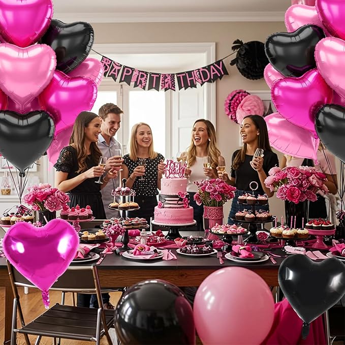 TONIFUL 30 Pcs 18 Inch Pink Black Hot Pink Heart Shape Foil Mylar Balloons | - Image 5