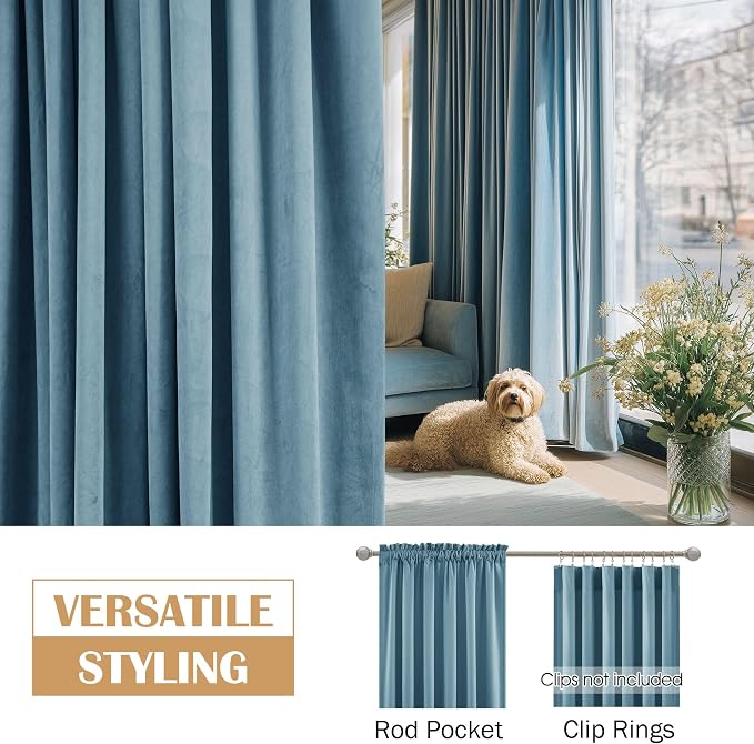 Beauoop Lake Blue Velvet Curtains - Image 2