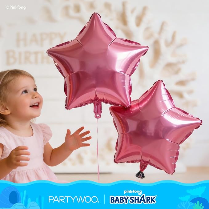 PartyWoo Baby Shark Pink Foil Round Star Mylar Number 2 Balloons 5pcs | Balloons - Image 6