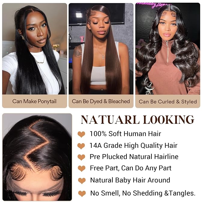 34 Inch 13x6 Lace Front Wigs Human Hair 230 Density HD Lace Front Wigs Human Hair Pre Plucked Glueless Wigs Human Hair for Women Straight Lace Frontal Wigs Natural Color
