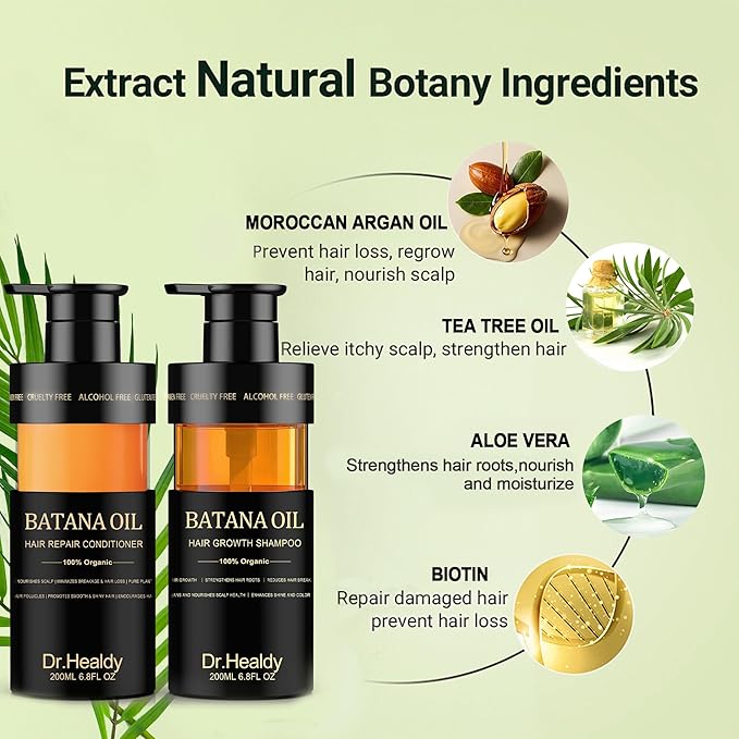 Batana Oil Shampoo and Conditioner Set - for Hair Growth,Thickening & Hydration,Sulfate Free - Fights Hair Loss & Clarifies Scalp -Root Activator Shampoo for Men (6.8 Fl Oz×2)