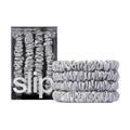 slip Silk Skinny Scrunchies - Silver | Set of 4 Skinny Scrunchies | 100% Mulberry Silk, Anti-Crease, Gentle on Hair, Reduces Breakage | Stylish & Durable, Ideal for All Hair Types