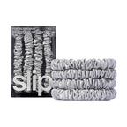slip Silk Skinny Scrunchies - Silver | Set of 4 Skinny Scrunchies | 100% Mulberry Silk, Anti-Crease, Gentle on Hair, Reduces Breakage | Stylish & Durable, Ideal for All Hair Types